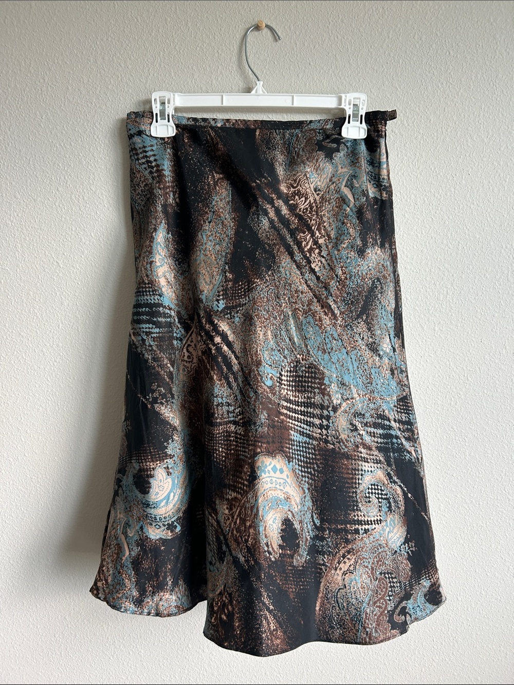 Vintage 100% Silk Womens Black Paisley A Line Skirt with Teal & Brown Accents